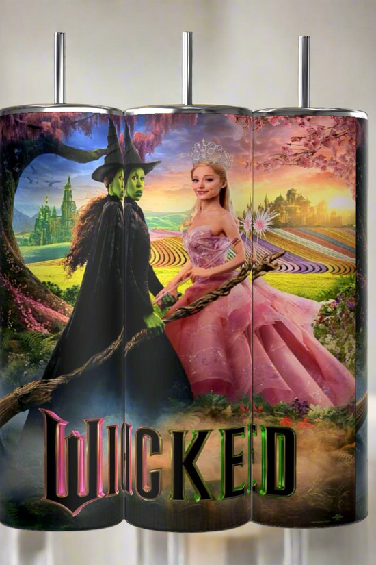 The Wicked 20oz Tumblers by Kreative Kreationz feature three tall designs with sublime artwork from the musical, showcasing a green-skinned character in black and another in a pink dress with a crown, all set against a vibrant fantasy backdrop.