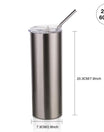 The Red Bull Stainless Steel 20oz Tumbler by Kreative Kreationz is designed to stand upright and features a spill-proof lid along with a metal straw. It offers a capacity of 20 oz (600 ml) and measures 20.3 cm (7.9 inches) in height and 7.3 cm (2.8 inches) in width.