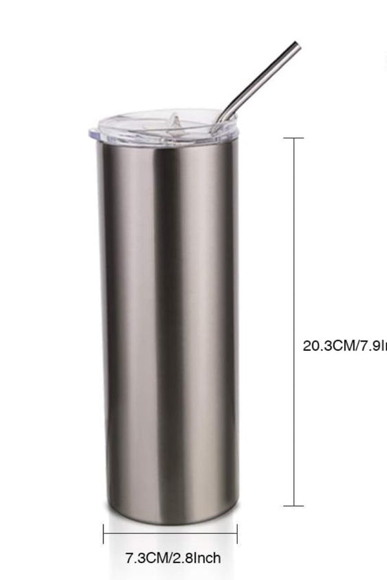 The Red Bull Stainless Steel 20oz Tumbler by Kreative Kreationz is designed to stand upright and features a spill-proof lid along with a metal straw. It offers a capacity of 20 oz (600 ml) and measures 20.3 cm (7.9 inches) in height and 7.3 cm (2.8 inches) in width.