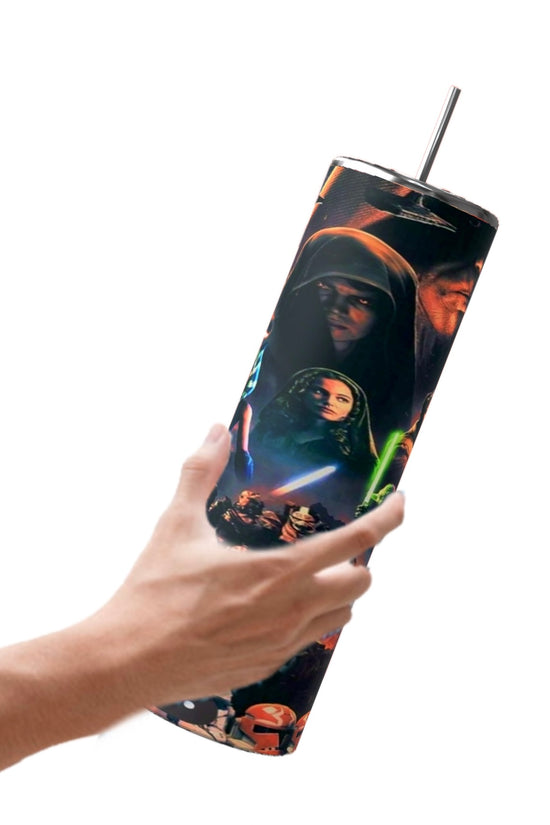 A hand holds a Kreative Kreationz Star Wars 20oz Tumbler, featuring a sublimated design of iconic characters and lightsabers on a dark background, emphasizing its durability.