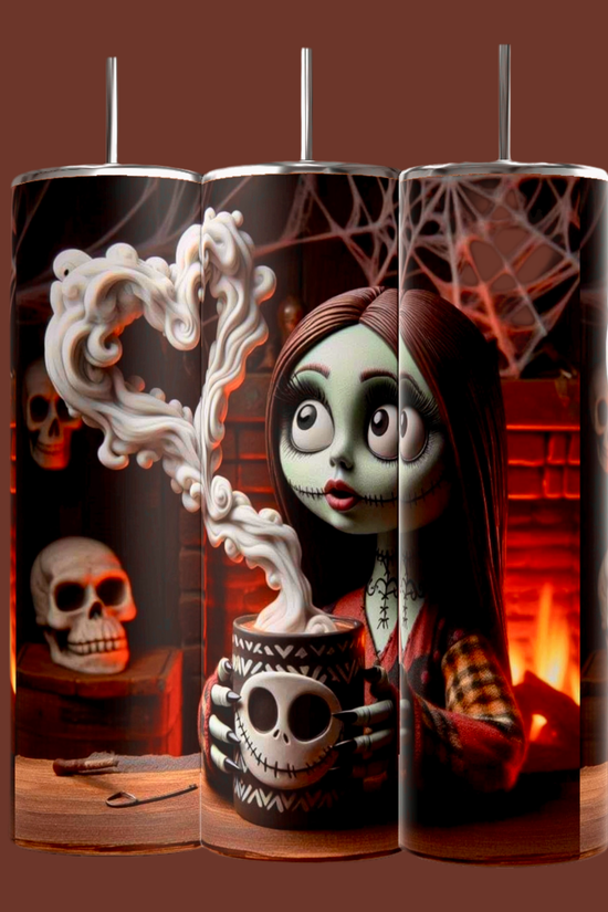 A cartoon girl with green skin and stitches holds a Jack Skeleton 20oz Tumbler by Kreative Kreationz, featuring skull motifs and heart-shaped steam. She's in front of a fireplace adorned with skulls and cobwebs across three cylindrical panels.