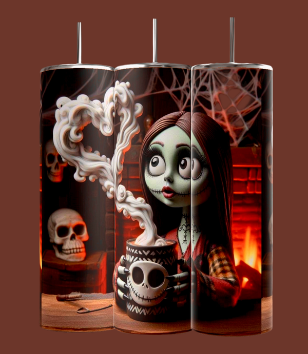 A cartoon girl with green skin and stitches holds a Jack Skeleton 20oz Tumbler by Kreative Kreationz, featuring skull motifs and heart-shaped steam. She's in front of a fireplace adorned with skulls and cobwebs across three cylindrical panels.