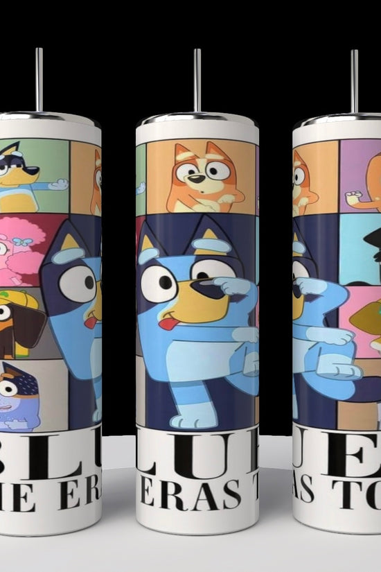 A set of three Bluey ERAS 20oz stainless steel tumblers by Kreative Kreationz, featuring vibrant and playful cartoon dog characters in various poses and expressions from a popular animated series.