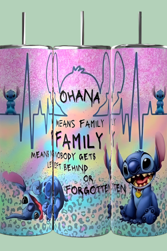 Three eco-friendly Kreative Kreationz Stitch Ohana 20oz Tumblers feature a colorful design with a blue alien character and display the quote, 