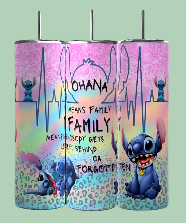 Three eco-friendly Kreative Kreationz Stitch Ohana 20oz Tumblers feature a colorful design with a blue alien character and display the quote, "Ohana means family, family means nobody gets left behind or forgotten," set against a pastel background with hearts and an electrocardiogram line.
