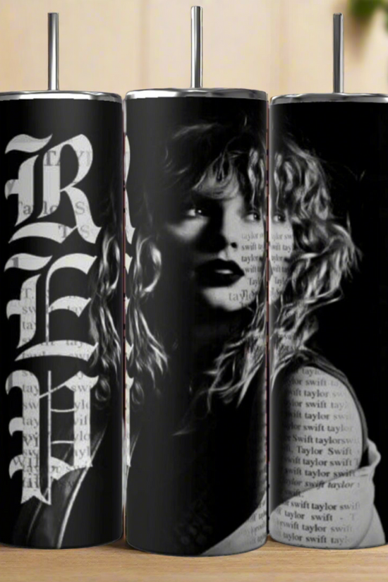 Three 20oz Skinny Tumblers from Kreative Kreationz showcase a grayscale image of a woman with wavy hair, text overlay, and bold 