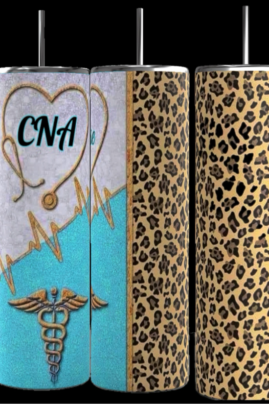 The set includes three 20 oz tumblers in blue from Kreative Kreationz, each adorned with medical-themed designs like stethoscopes, syringes, bandages, and a 
