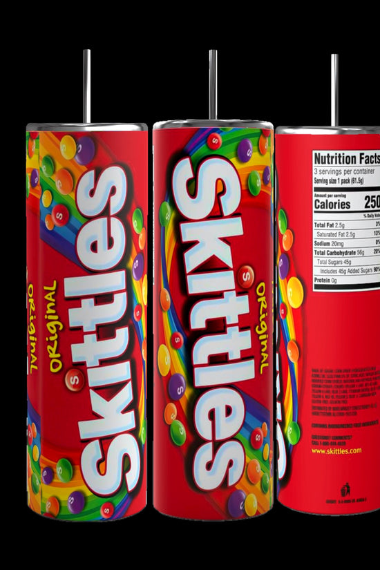 Three tall, cylindrical containers from the Kreative Kreationz brand are displayed. The front features the colorful Skittles logo along with assorted candy images. The middle container shows the back with nutritional facts, while the far left presents a Kreative Kreationz Skittles 20oz Stainless Steel Tumbler that keeps beverages hot or cold.
