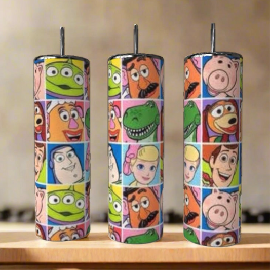 Set of three Pixar Collage 20oz Tumblers by Kreative Kreationz, each featuring Woody, Buzz Lightyear, Rex, Bo Peep, Slinky Dog, Hamm, and the aliens in a vibrant grid. Reusable stainless steel for eco-friendly use.