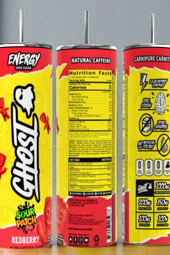 Three energy drink cans with a bright yellow and red design feature the 