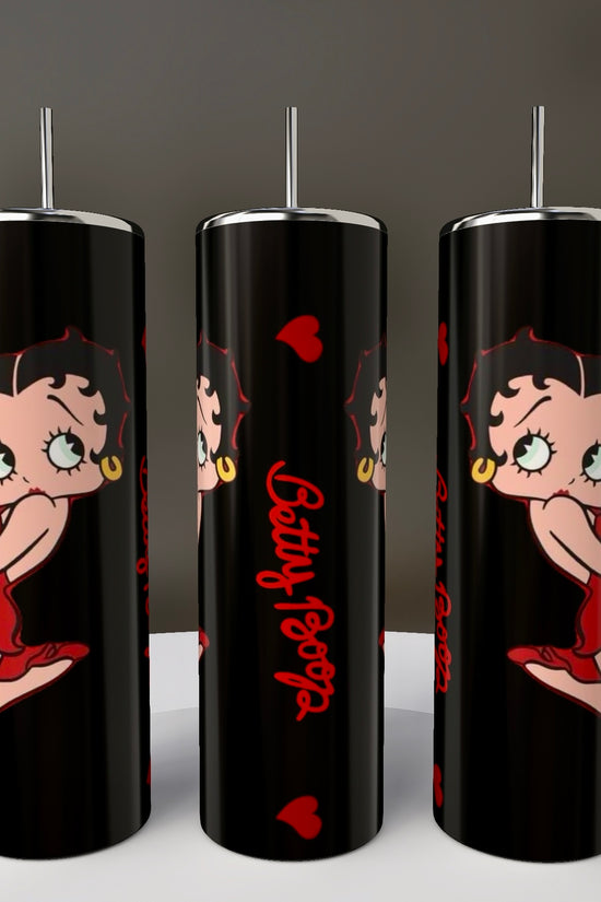 Three sleek Betty B White 20oz Skinny Tumblers from Kreative Kreationz feature a cartoon character in a red dress and earrings with red hearts and 