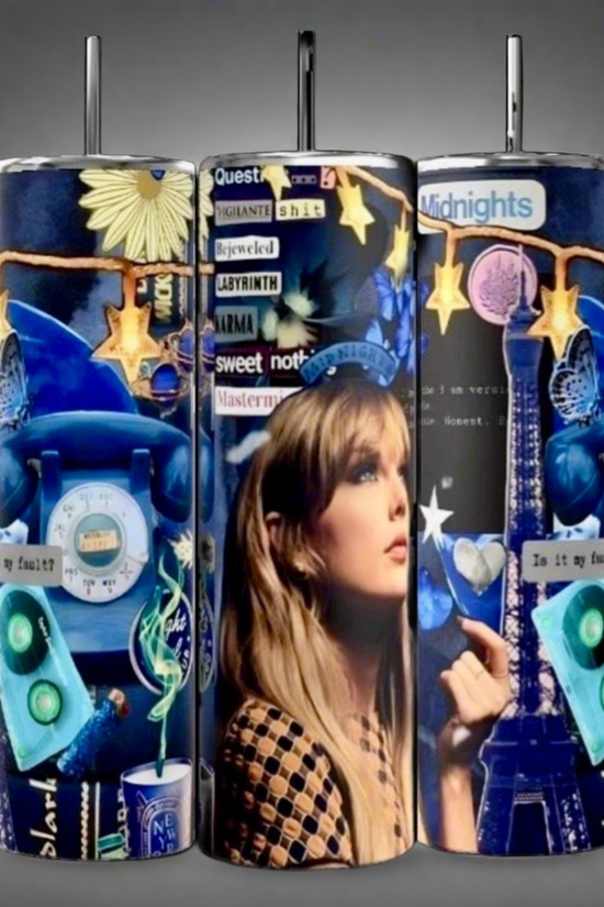 The Midnights Taylor Swift 20oz Skinny Tumbler by Kreative Kreationz features a blue collage with stars, clocks, the Eiffel Tower, headphones, a blonde woman gazing upward, and words like 