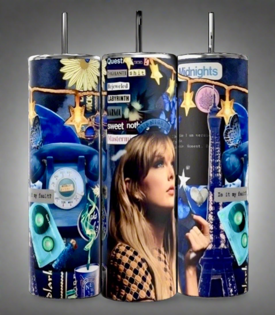 The Midnights Taylor Swift 20oz Skinny Tumbler by Kreative Kreationz features a blue collage with stars, clocks, the Eiffel Tower, headphones, a blonde woman gazing upward, and words like "Midnights" and "Quest.