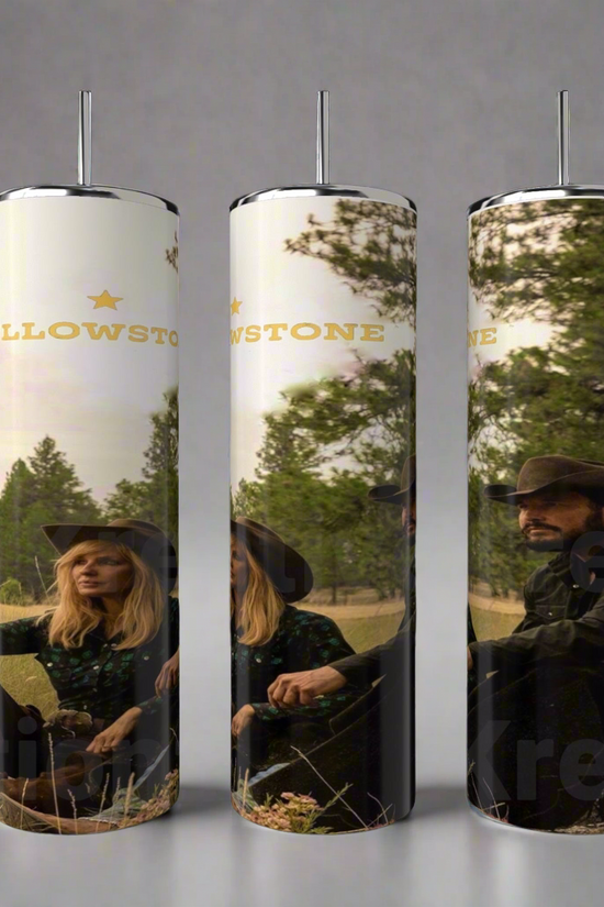 Three Kreative Kreationz Yellowstone 20oz Tumblers display a man and woman in Western attire outdoors near trees, with 