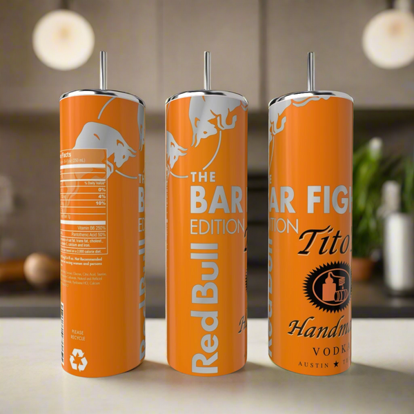 Three orange Kreative Kreationz Bar Fight Edition Titos Red Bull 20oz Tumblers, each with a metal straw, are displayed on a counter, showcasing clear branding, nutritional info, and eco-friendly recycling symbols.