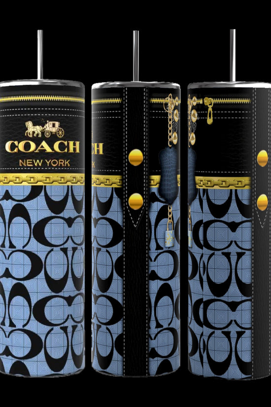 A set of three Coach Purse 20oz Tumblers by Kreative Kreationz, featuring durable construction and designed with light blue and black colors, elegant gold accents, and the iconic Coach New York luxury fashion brand logo patterns, is showcased against a black background.