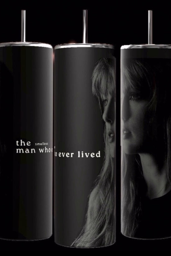 Three TTPD the smallest man 20oz Tumblers by Kreative Kreationz are shown side by side with a sepia-toned image of a woman's face spanning across them. The text on the tumblers reads 