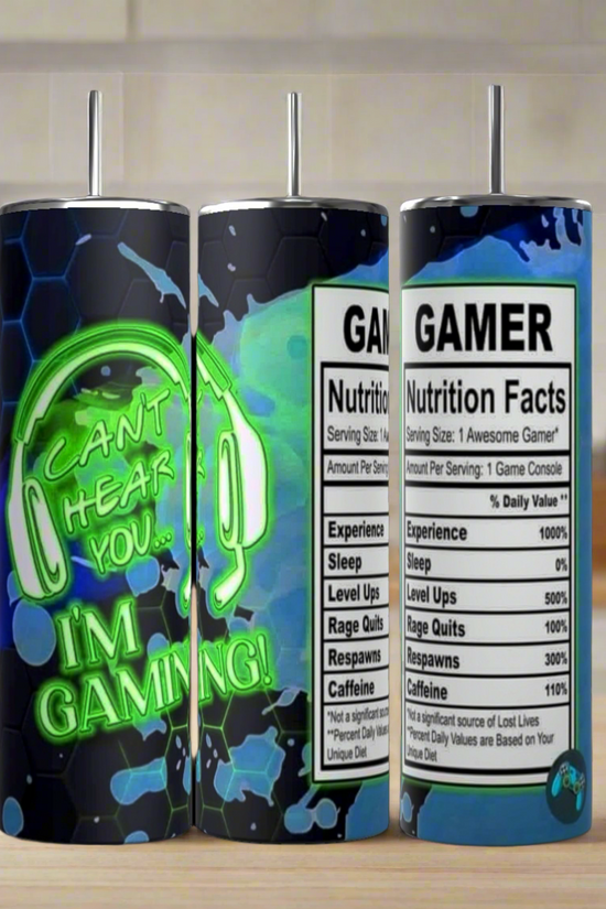 The Kreative Kreationz Gamer 20oz Tumblers are eco-friendly, reusable stainless steel cups with gaming-inspired designs: neon green 