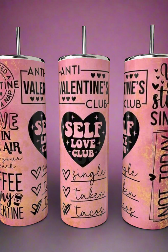 Kreative Kreationz’s Anti Valentines Day 20oz Tumblers feature lids, straws, playful black text, hearts, and witty slogans like 