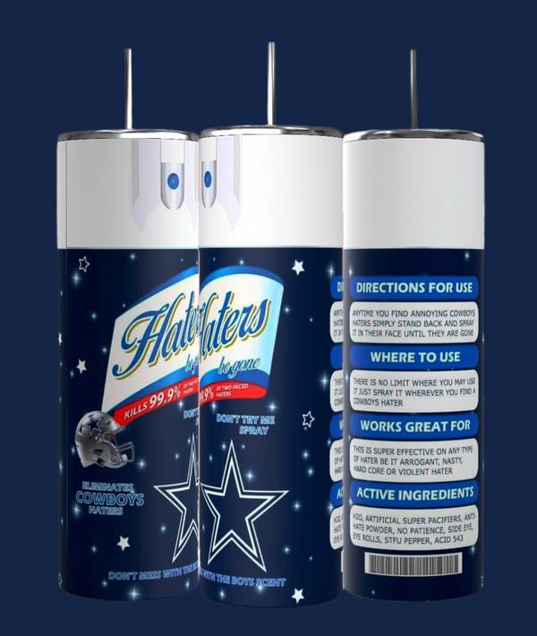 Kreative Kreationz presents the Dallas Cowboys Haters 20oz Skinny Tumbler, a humorous nod to sports rivalry. Featuring a blue and star-studded design perfect for Cowboys haters, this eco-friendly tumbler adds laughter to your collection with its witty directions and ingredients.