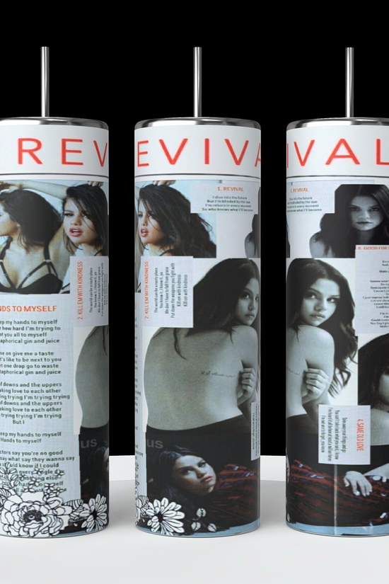 The Selena Gomez Revival 20oz Stainless Steel Tumbler, produced by Kreative Kreationz, comes in a set of three cylindrical designs. Each tumbler features distinct images and text from the album cover, primarily showcasing a woman in various black outfits with the word 