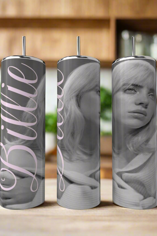 Three Kreative Kreationz Billie Ellish 20oz Tumblers, featuring black-and-white portraits of a woman and 