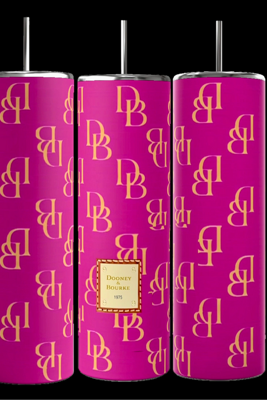 Three D&B Pink 20oz Tumblers by Kreative Kreationz, embellished with gold 