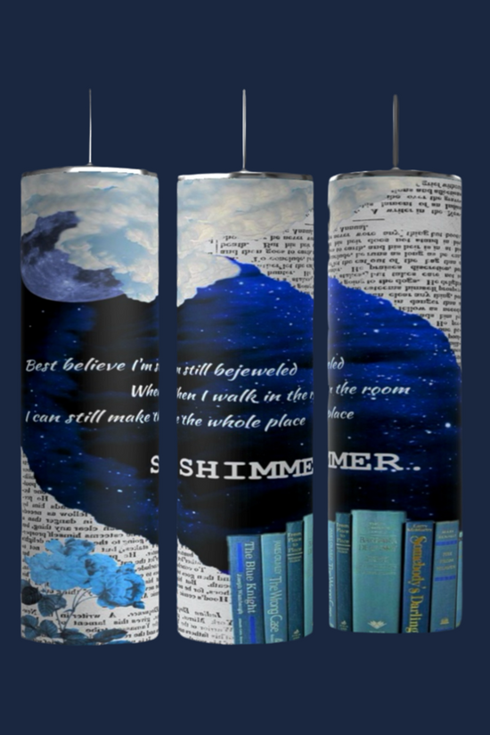 Three cylindrical objects mimic a Taylor Swift tumbler, featuring a MIDNIGHT Era SHIMMER 20oz Tumbler design from Kreative Kreationz with blue moons, stars, and books. Cursive text over a newspaper-like backdrop is highlighted by the prominent word 