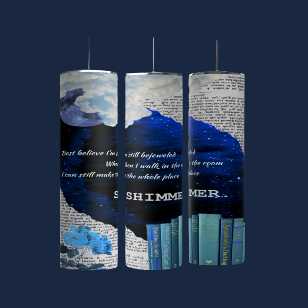Three cylindrical objects mimic a Taylor Swift tumbler, featuring a MIDNIGHT Era SHIMMER 20oz Tumbler design from Kreative Kreationz with blue moons, stars, and books. Cursive text over a newspaper-like backdrop is highlighted by the prominent word "SHIMMER" in a luxurious blue and white color scheme.