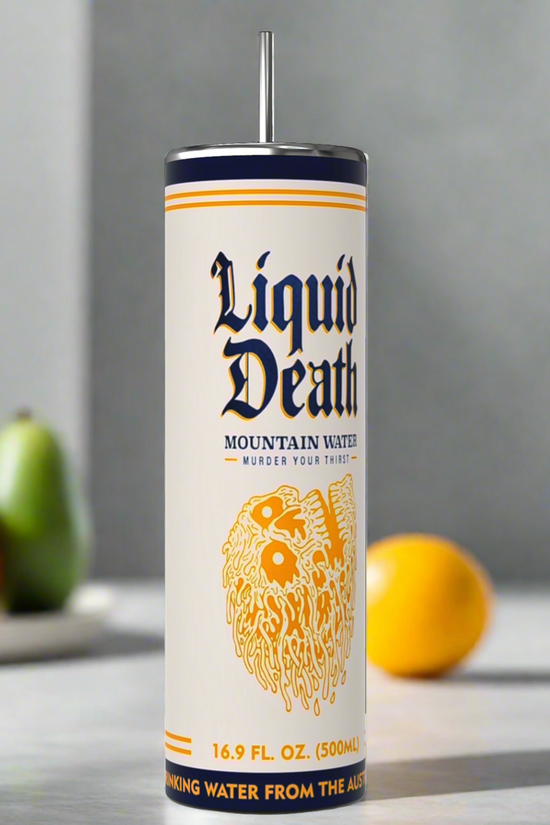 Three Liquid Death designed 20oz Tumblers from Kreative Kreationz are displayed against a black background. Each tumbler features a prominent logo with the brand name in bold blue letters and an illustration of a dripping skull. The text 