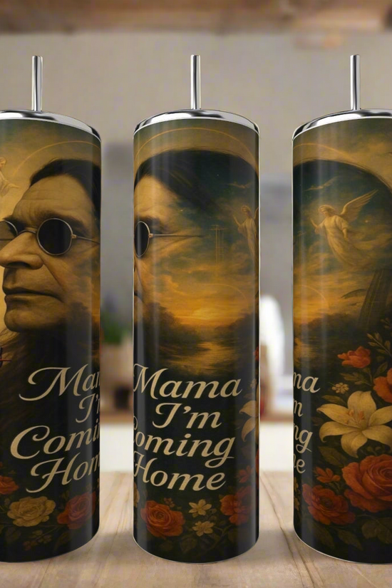 The Coming Home | Ozzie Osborne 20oz Stainless Steel Tumbler by Kreative Kreationz features a man in sunglasses, heavenly angels with roses, and 