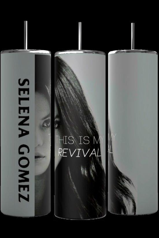 Three tall, cylindrical personalized tumblers are shown. the wrapped tumbler features the name 