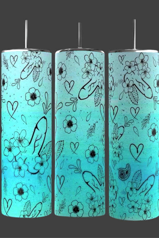 Three cylindrical candles with designs reminiscent of Kreative Kreationz's Adult Only 20oz Skinny Tumbler feature a blue-green gradient and black line art of birds, flowers, leaves, and hearts. They stand elegantly against a dark gray backdrop.