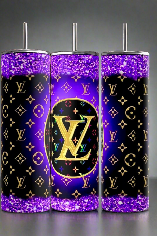 The LV 20oz Skinny Tumbler by Kreative Kreationz combines vibrant eco-friendly drinkware with luxury, featuring a triple set of tumblers adorned with a colorful LV monogram on a black and purple glitter background. Each stainless steel tumbler includes a metallic lid and straw for an exquisite touch.