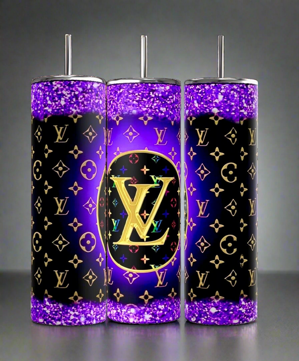 The LV 20oz Skinny Tumbler by Kreative Kreationz combines vibrant eco-friendly drinkware with luxury, featuring a triple set of tumblers adorned with a colorful LV monogram on a black and purple glitter background. Each stainless steel tumbler includes a metallic lid and straw for an exquisite touch.