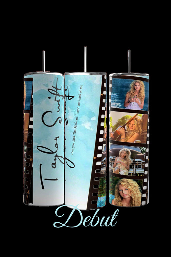 Image of seven cylindrical tumblers, each adorned with collage designs representing different Taylor Swift music albums. These Taylor Swift ERAS 20oz Tumblers by Kreative Kreationz are labeled 