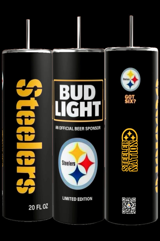 Kreative Kreationz presents the Pittsburgh Steelers NFL 20oz Skinny Tumbler. This set of three tall black tumblers features Steelers branding, QR codes, and spill-proof lids. One tumbler reads 