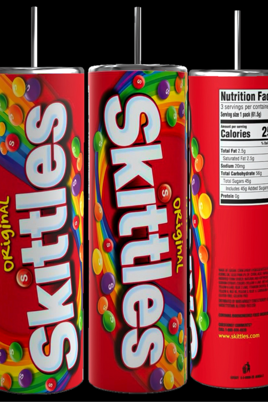 Three tall, cylindrical containers from the Kreative Kreationz brand are displayed. The front features the colorful Skittles logo along with assorted candy images. The middle container shows the back with nutritional facts, while the far left presents a Kreative Kreationz Skittles 20oz Stainless Steel Tumbler that keeps beverages hot or cold.