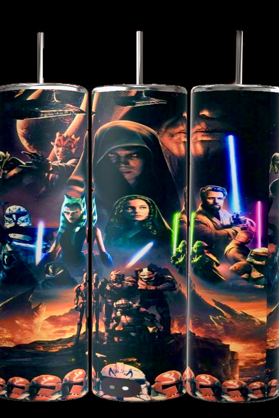 Three tall, cylindrical 20oz tumblers from Kreative Kreationz feature detailed sci-fi-inspired designs. With durable construction, they depict characters wielding glowing swords in futuristic landscapes. Aligned together, these Star Wars tumblers bring imaginative scenes to life.