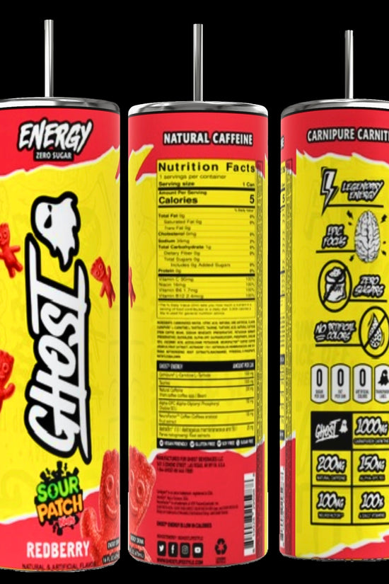 Three cans of Ghost energy drink are displayed alongside the stylish GHOST 20oz Skinny Tumbler with a reusable straw by Kreative Kreationz, perfect for keeping beverages hot or cold. The predominantly yellow cans with red accents feature the 