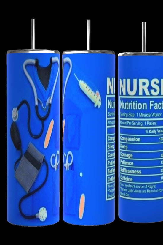 Three blue insulated tumblers with black straws from the brand Kreative Kreationz are shown. The first tumbler has medical tools printed on it. The middle one showcases a syringe and other supplies, while the third features the 'Nurse Nutritional Facts' label listing humorous traits. Each Nurse Nutritional Facts 20oz Tumbler boasts durable construction and a spill-proof lid.