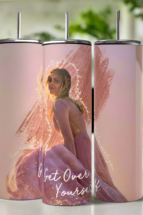 Three Kelsey Ballerini Over Yourself 20oz tumblers by Kreative Kreationz are shown. Each pink insulated stainless steel tumbler features a woman in a pink dress and 