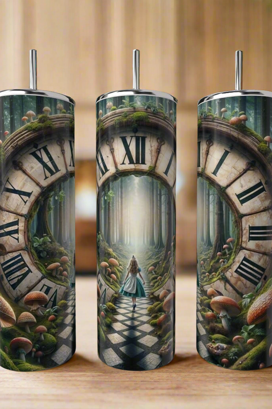 The Kreative Kreationz Alice in Wonderland Clock 20oz Tumbler features Alice beneath an arched clock on a checkered path, surrounded by mushrooms—a whimsical luxury drinkware addition with lid and straw.