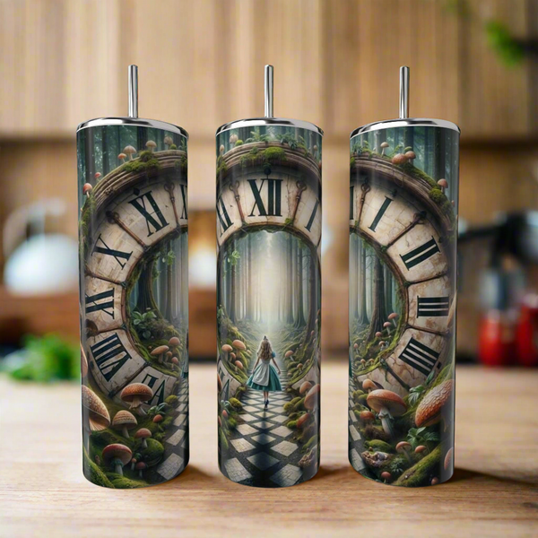 The Kreative Kreationz Alice in Wonderland Clock 20oz Tumbler features Alice beneath an arched clock on a checkered path, surrounded by mushrooms—a whimsical luxury drinkware addition with lid and straw.