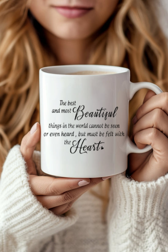 A person with long, wavy hair holds a Kreative Kreationz Personalized Couples Ceramic Mug with the quote, 