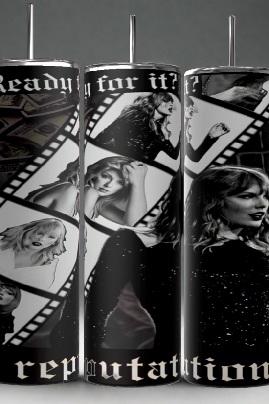 The REP 20oz Skinny Tumbler by Kreative Kreationz showcases a film strip design with black and white photos of a woman in various poses, featuring the words 