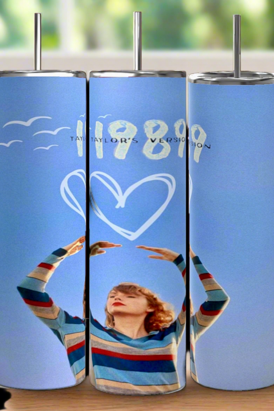 The Taylor Swift 1989 20oz Tumblers by Kreative Kreationz feature a striped-sweater figure with arms raised, 