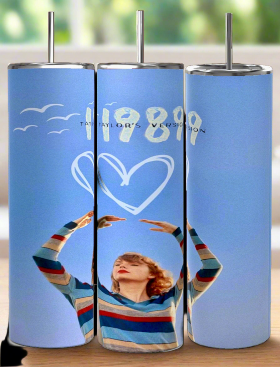 The Taylor Swift 1989 20oz Tumblers by Kreative Kreationz feature a striped-sweater figure with arms raised, "1989 (Taylor's Version)" and a heart, plus white birds on pastel blue—eco-friendly, reusable, and stylish for daily use.