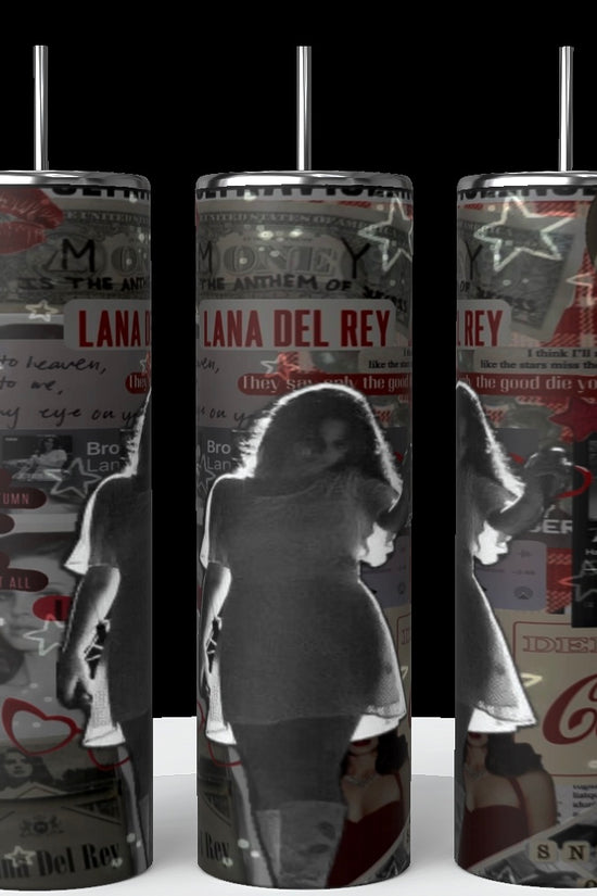 Kreative Kreationz presents the Lana Del Ray Glow Tumbler: Three 20 oz tall cylindrical tumblers with a retro collage of a grayscale woman silhouette, text snippets, stars, and vintage red and gray graphics, perfect for showcasing the Lana Del Ray Glow vibe.