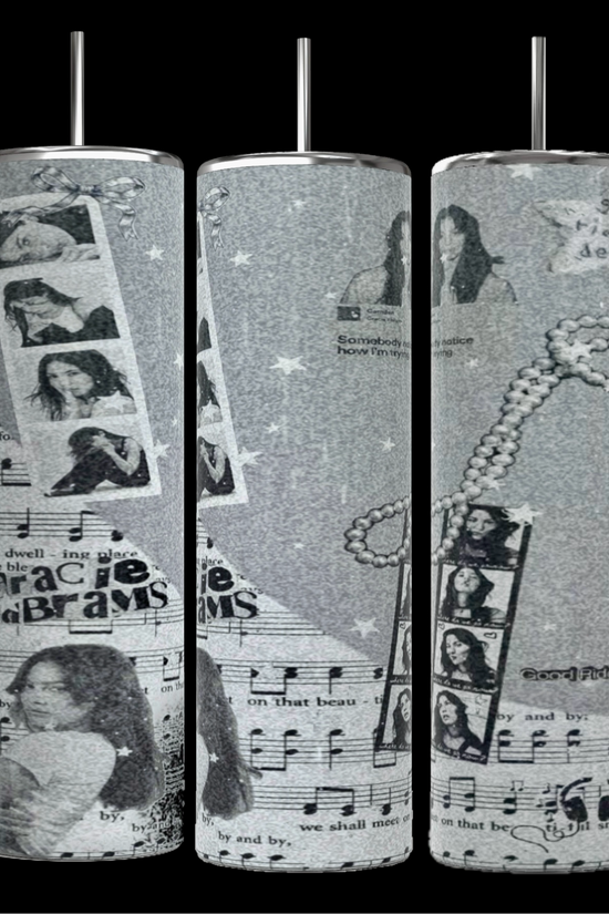 The Kreative Kreationz Gracie Abrams Picture Collage 20oz Skinny Tumbler features a grayscale collage design that includes images of a woman, musical notes, filmstrips, stars, and text elements. These stylish cylindrical tumblers come with reusable straws protruding from the tops.